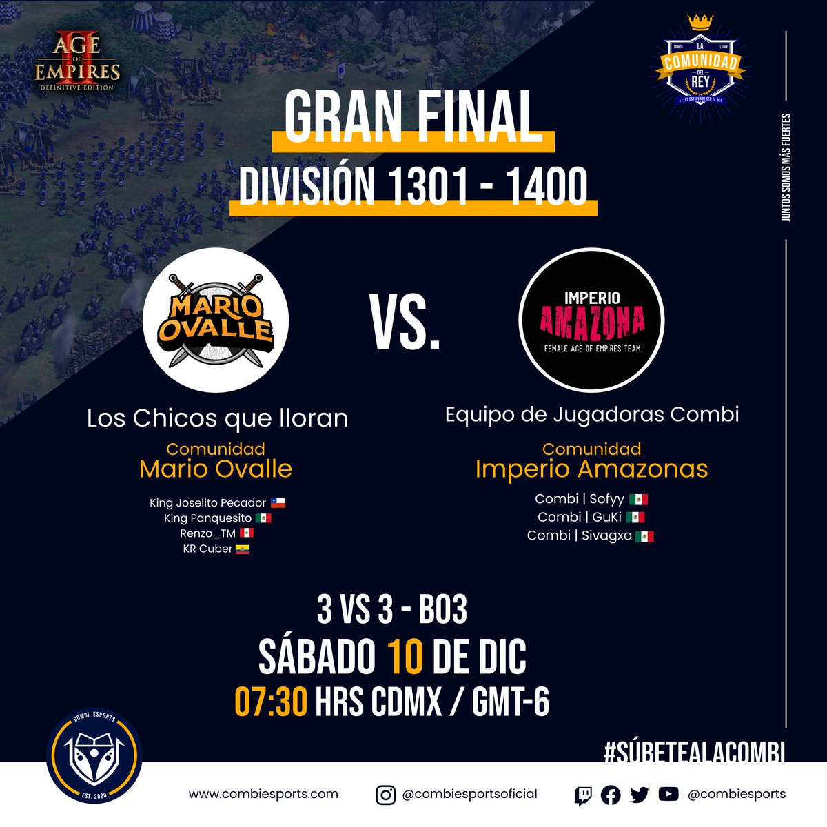 uxmalesports's tweet photo. Comunidad!!! En menos de 1hora nos vemos en https://t.co/B7Bcy9yWJP para ver la gran final entre el equipo Campeón "Chicos que lloran" VS. El equipo de Jugadoras Combi. Nos vemos en unos minutos, NO PUEDEN FALTAR!!!! #Torneo #Final #AoE2DE #CombieSports https://t.co/yZwKeJcblq