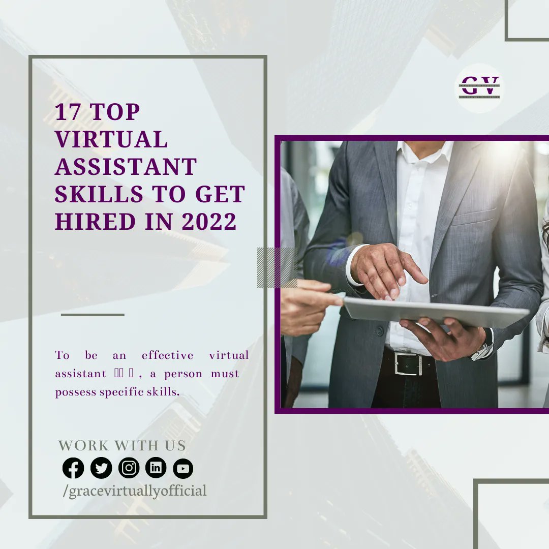 gracevirtually0's tweet image. To be an effective virtual assistant 👩‍💼💻, a person must possess specific skills. Data input, social media management, and word processing expertise are a few examples. 

 #gracevirtually #gracevirtuallyservices #executiveassistant