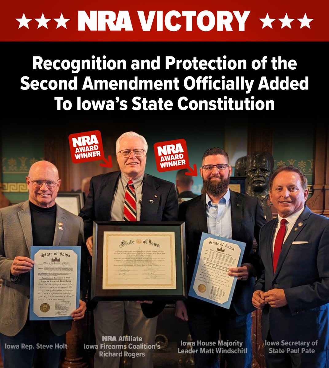 🎉Congratulations, freedom-loving Iowans. Forty-five states now have a constitutional amendment protecting the right to keep and bear arms! But, we still have work to do in Minnesota, Maryland, California, New York, and New Jersey!