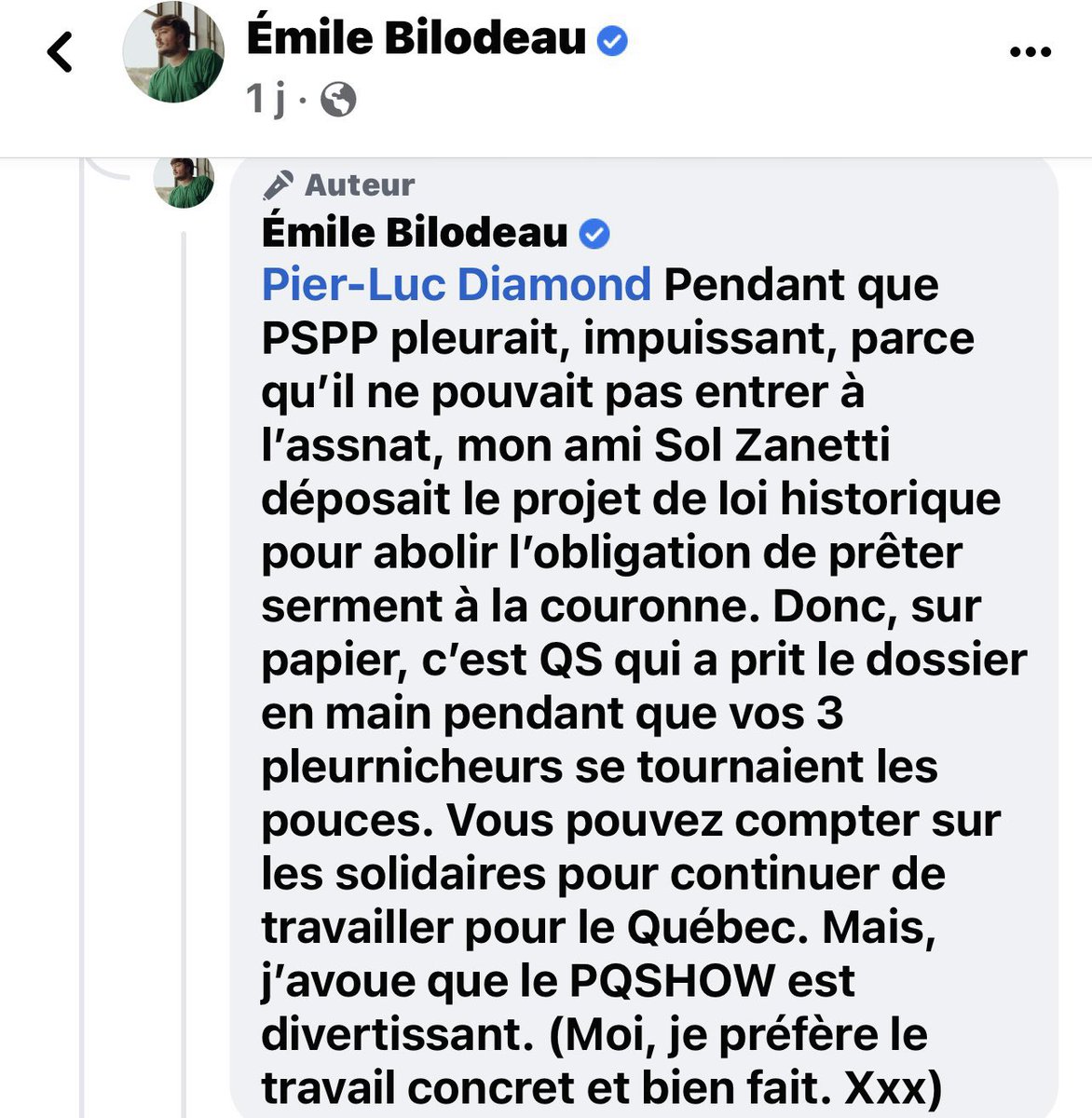 Très décevant d’un artiste comme Émile Bilodeau.

Je préfère la nuance et le discours rassembleur de <a href="/Heunepremier/">Daniel Boucher</a>, ici, au micro de <a href="/sophiedurocher/">sophie durocher</a> 👇

qub.ca/radio/balado/s…