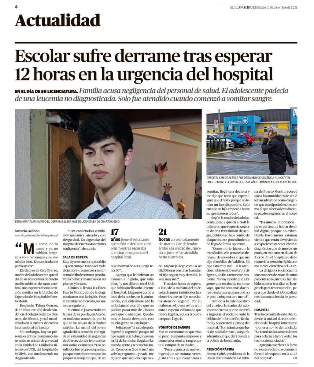 AnaMariaGazmuri's tweet image. Trágica noticia, después de 12 horas de espera en Urgencia de Hospital de #PuertoMontt Benjamín Talma muere tras de sufrir un derrame cerebral. Negligencia que debe ser investigada y sancionada. 17 años tenía, mi solidaridad y cariño a su familia. Duele la salud en Chile.