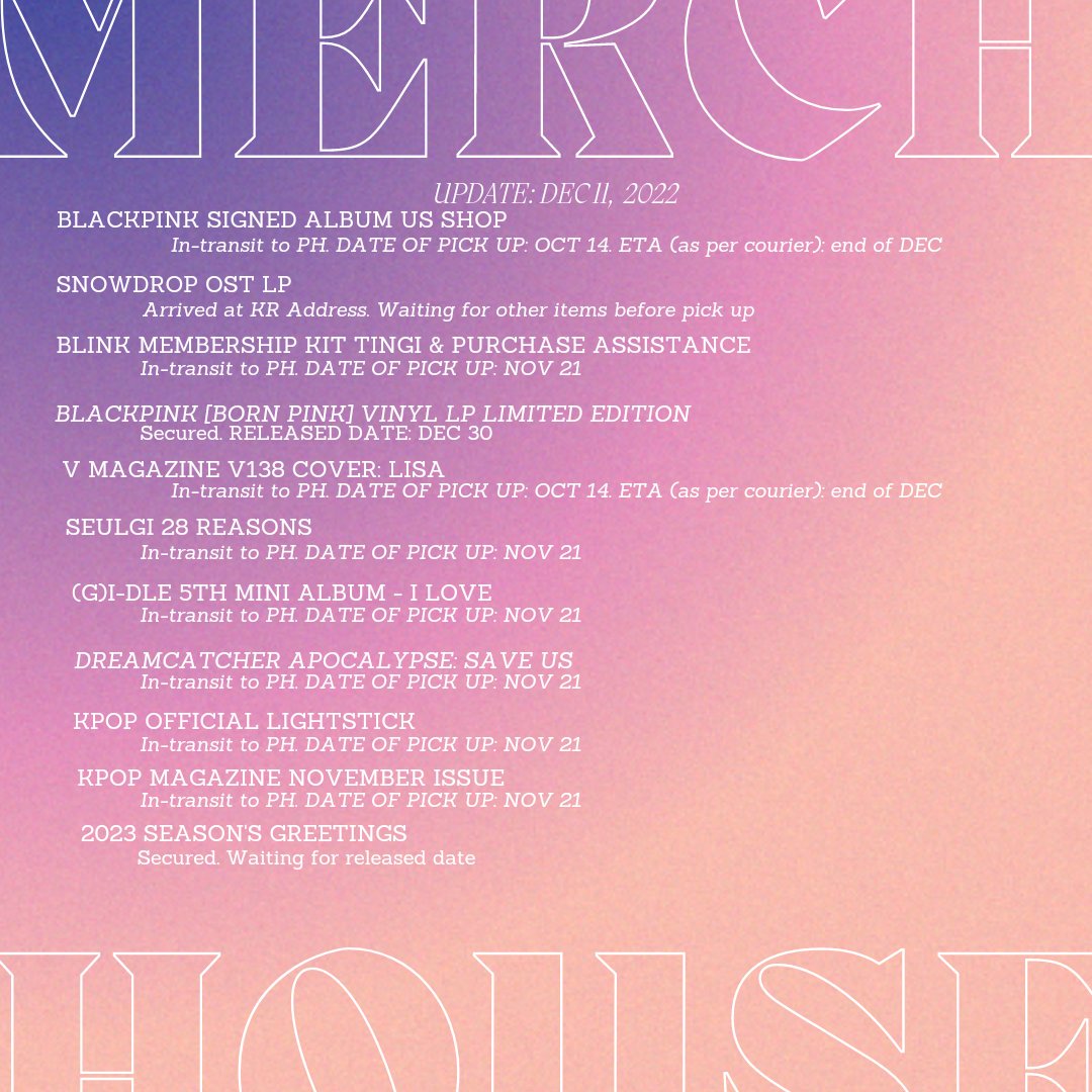 MerchHouse_'s tweet photo. #MerchHouseUpdates
Please note that there will be a delay in boxes due to holiday season Fam! π€
π’ WE WILL CONDUCT A MEGA 12.12 YEAR END SALEπ
Puyatan na Fam, from Photocards, Sealed & Unsealed Albums, Merch and many more... See yah guys later π
NOTIFS ON AND FOLLOW US π https://t.co/UrW9mDyhQw