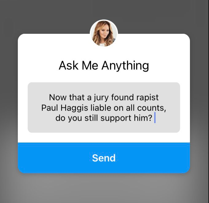 standmonitor's tweet photo. .@LeahRemini encourages her followers to ask her anything—except a question about her continued support of convicted rapist Paul Haggis. 

It has been 30 days. Leah Remini still stands by her fellow anti-Scientologist, who now owes $10 million to his rape victim. https://t.co/6RS9l6fStt
