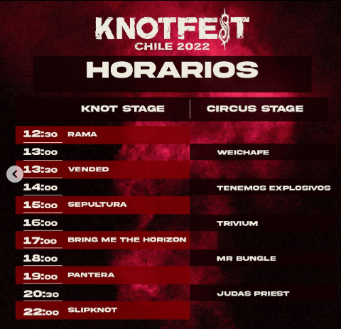 Nacion_Rock's tweet photo. Mañana es el día: @knotfestchile se realizará por primera vez en nuestro país y estos son los horarios actualizados. Se viene! 🔥🤘
#knotfest #knotfestchile #slipknot #pantera #bmth #mrbungle #trivium #judaspriest #sepultura #rama #weichafe #tenemosexplosivos https://t.co/XRDsiShCc2