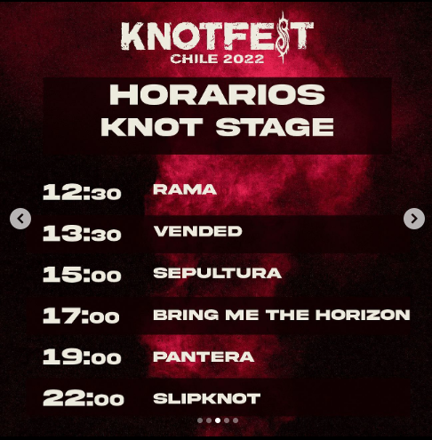 Nacion_Rock's tweet photo. Mañana es el día: @knotfestchile se realizará por primera vez en nuestro país y estos son los horarios actualizados. Se viene! 🔥🤘
#knotfest #knotfestchile #slipknot #pantera #bmth #mrbungle #trivium #judaspriest #sepultura #rama #weichafe #tenemosexplosivos https://t.co/XRDsiShCc2