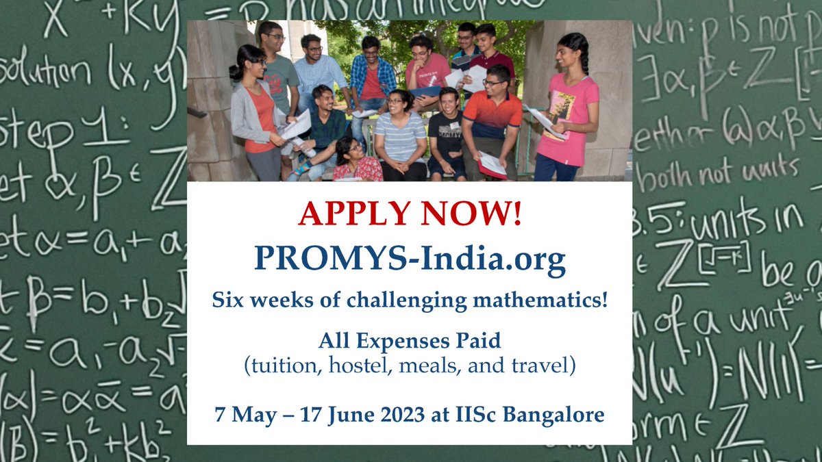 promysIndia's tweet image. Excited by mathematics and in Standards IX–XII? Try the intriguing application problems for PROMYS India 2023!
Six challenging summer weeks at IISc Bangalore. Full scholarships (inc. tuition, hostel, meals & travel): promys-india.org