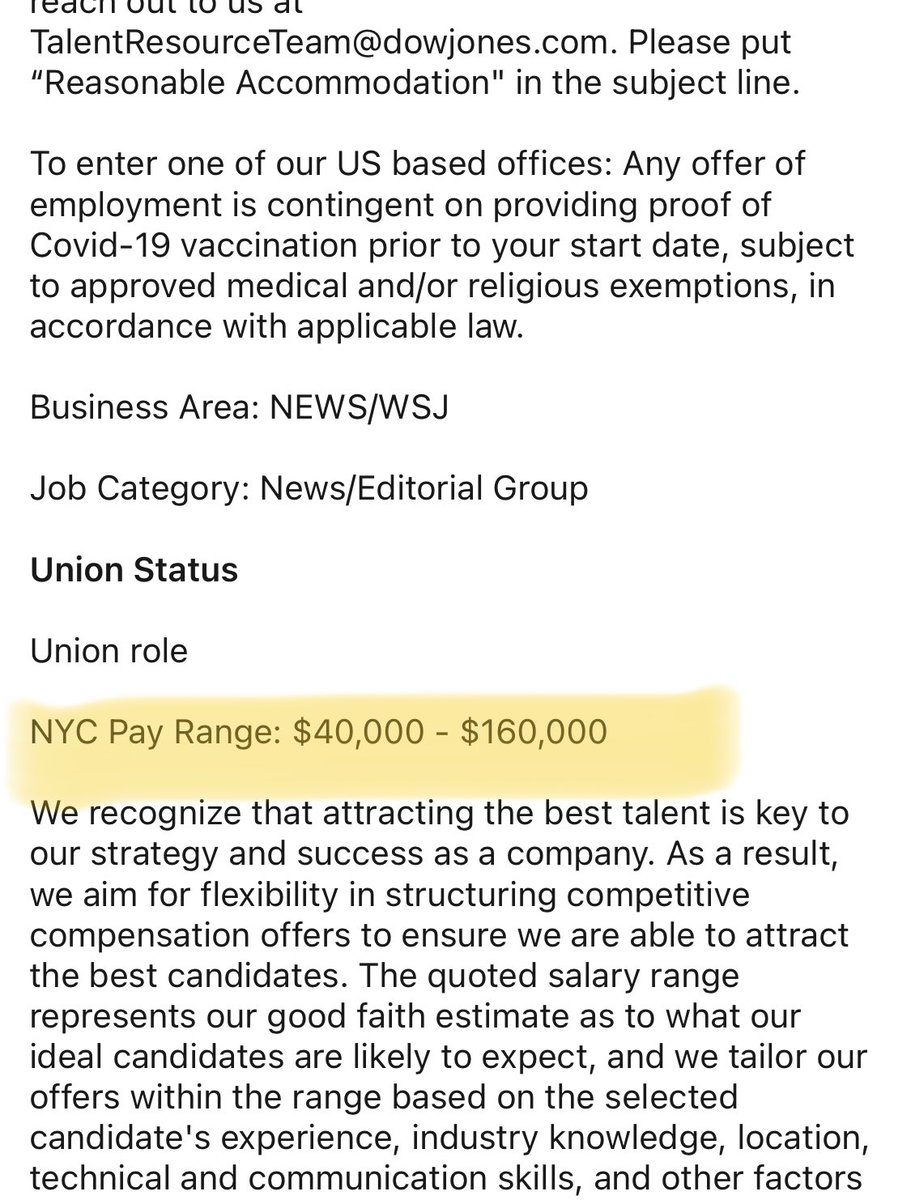 Love this. #Salary for @wsj social media editor is $40-160k, anywhere from barely squeaking by to living handsomely. #NYC now requires employers to post ranges to improve gender equity, etc., but some of them are so broad as to be utterly meaningless.