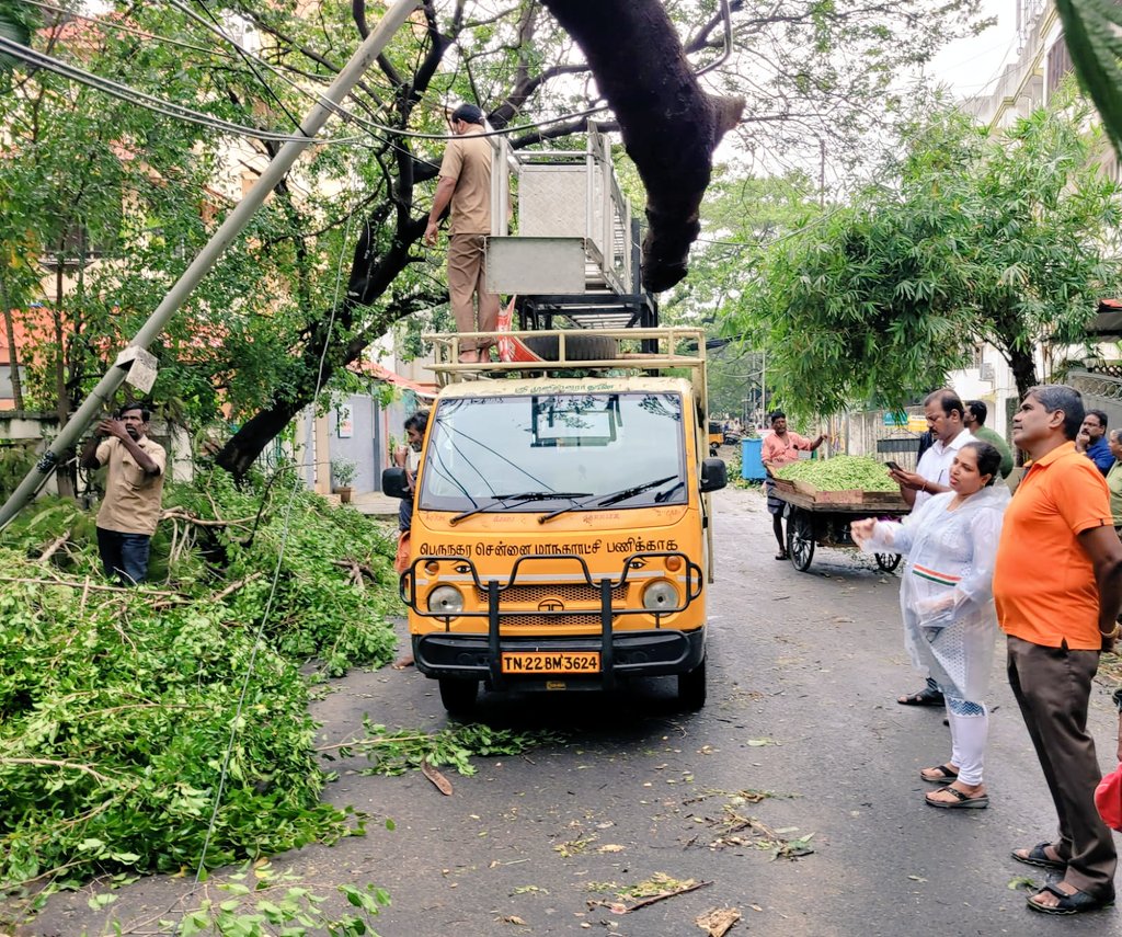 AmirdaVarshini1's tweet photo. Yesterday, we inspected and the fallen tree being removed by the @chennaicorp frontline workers at ECR, Bharathi Nagar, 2nd Trust Main Road and  Leith Castle south Street. @RahulGandhi @mkstalin @CMOTamilnadu @GSBediIAS @ThamizhachiTh @mylaivelu71 @KS_Alagiri @PriyarajanDMK https://t.co/DKPNyPSRIM
