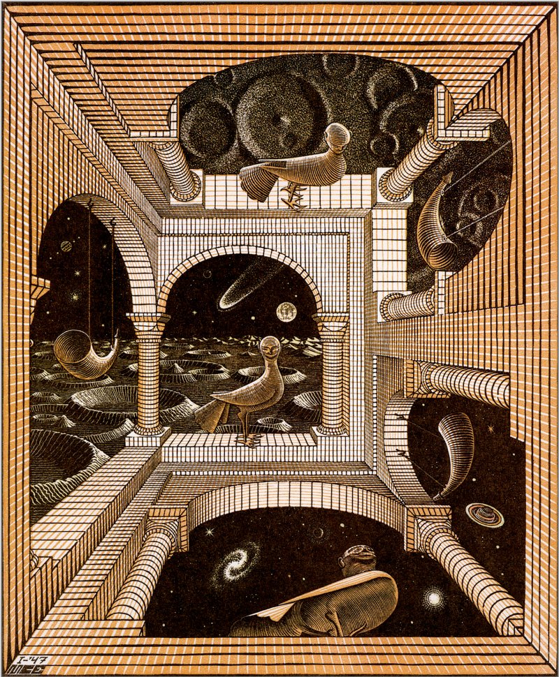 In Another World (1947) we see Escher again playing with the laws of physics and of gravity - a thor