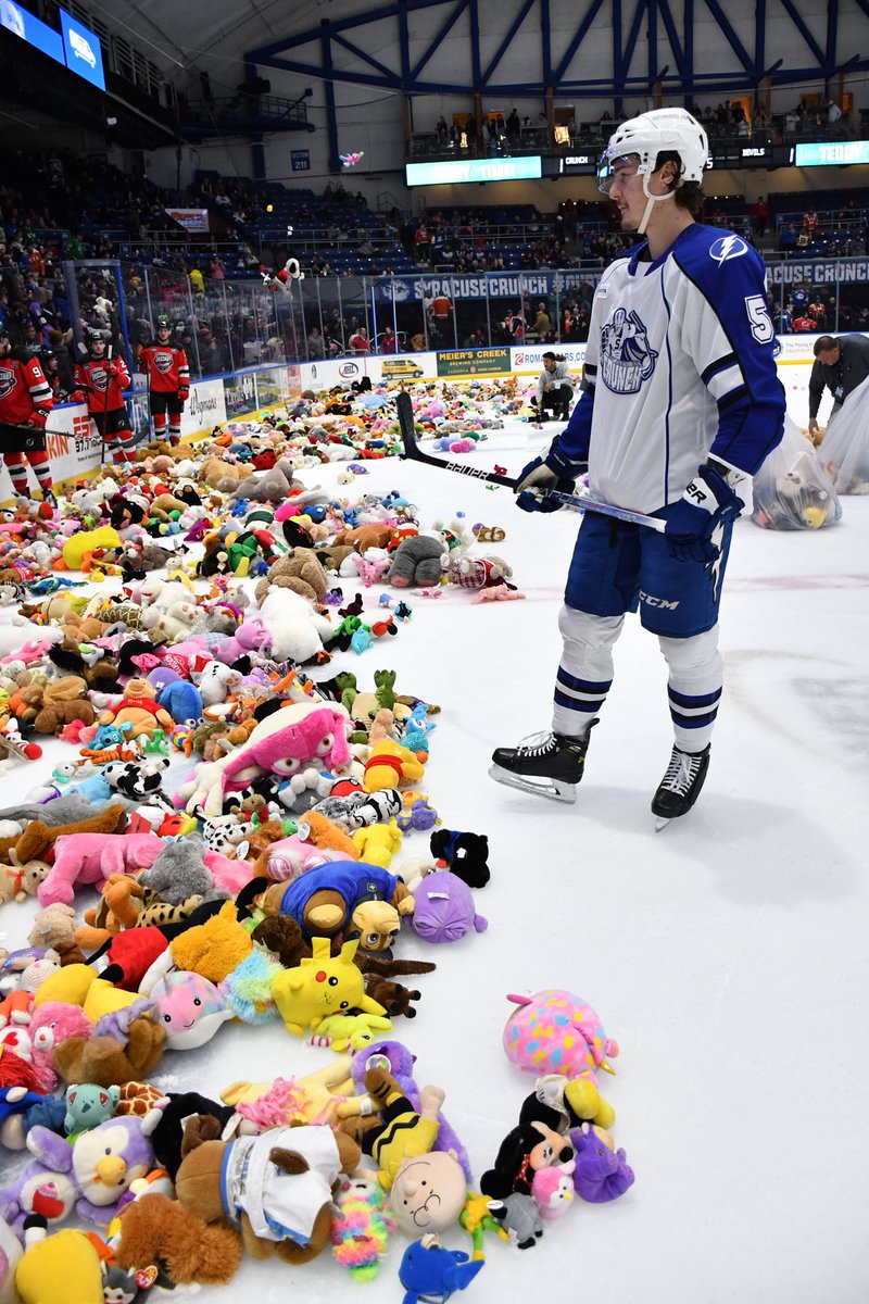 SyracuseCrunch's tweet photo. A NEW CRUNCH RECORD!

You tossed 7,689 stuffed animals onto the ice tonight! Thank you for your incredible generosity. 

@stanleysteemer will clean these up and help us donate them to children in CNY. 🧸 https://t.co/tPjmMUHBjh