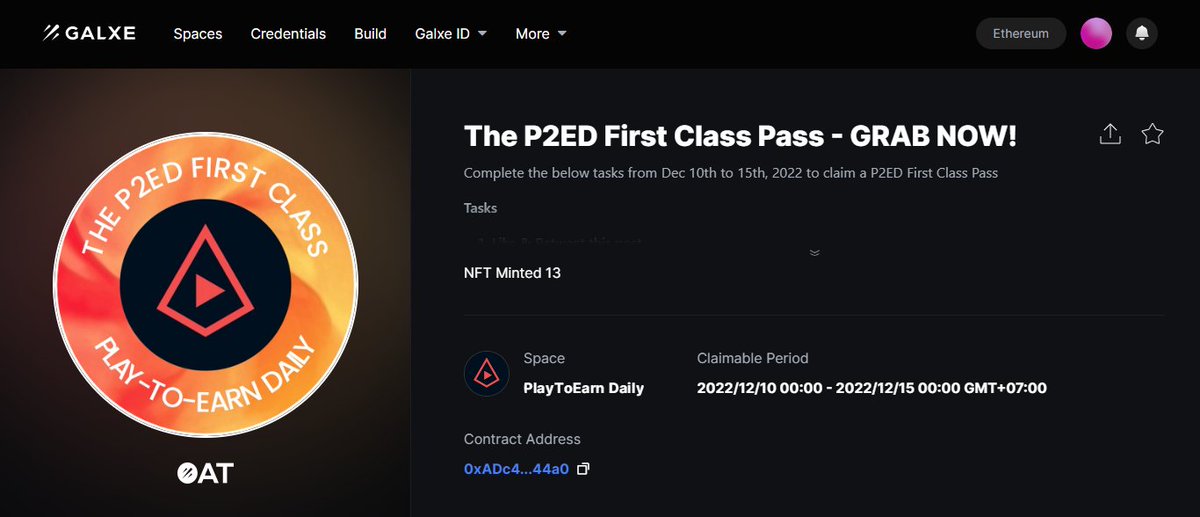 🎉We are pleased to announce a Special Airdrop to thank our members

🎁Rewards: The P2ED First Class Pass NFT🎟️
⏰Duration: Dec 10th - 15th

✅To enter:
1⃣Like, RT &amp; tag 3 friends
2⃣Follow @PlayToEarnGames
 
▶️Claim here: galxe.com/PlayToEarnGame…

#Giveaway #airdrop #P2E #GameFi