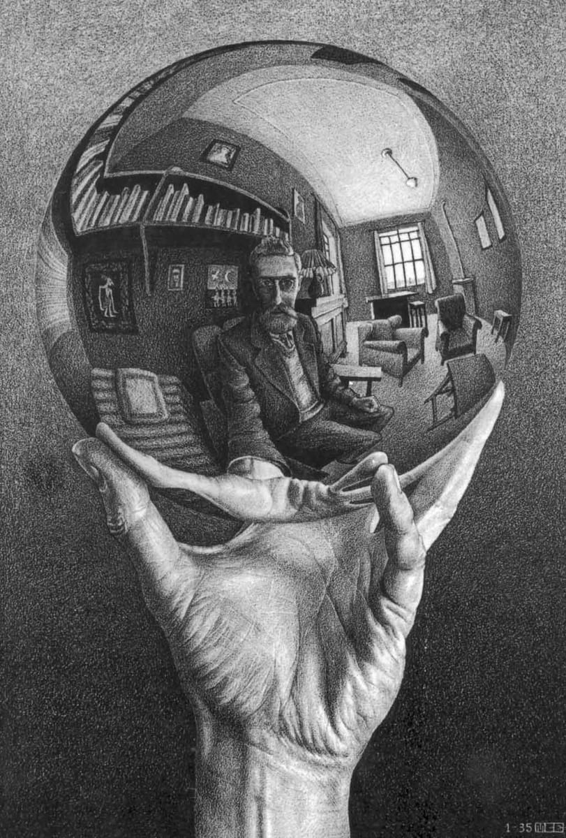 And here is M.C. Escher himself, in one of the greatest self-portraits of all time.

It rather captu