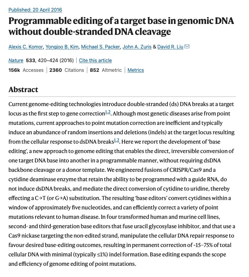 Alyssa's leukemia went into remission by 1 month, and is clear 6 months later🤞. 9 more patients to follow. Much gratitude to Alyssa &amp; her family, Waseem's team, Alexis Komor (<a href="/KomorLab/">Komor Lab</a>) who led the development of CBE as a postdoc in our lab, &amp; many others who paved this path.3/3