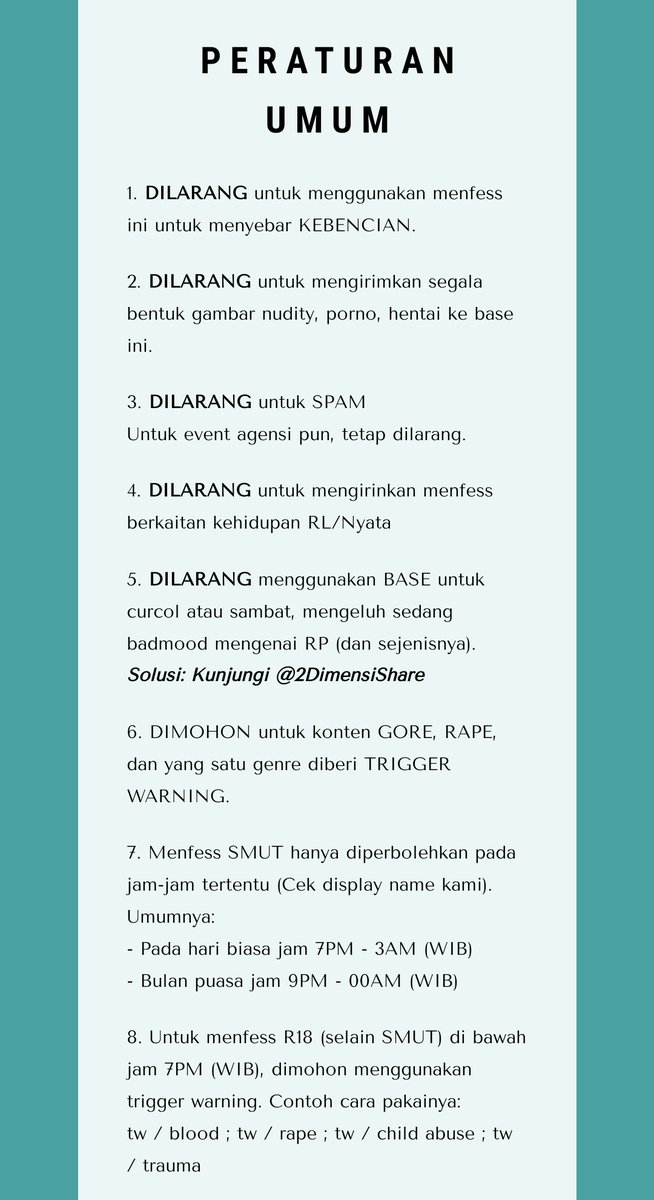egomaniacy's tweet photo. @2DimensiMenfess 

ᅠᅠWN. Good day, Kumo. I, the writer behind the handle of egomaniacy, have read all the rules carefully and I pledge to abide by all of them. I will re-explain some of the rules that will get you permanently blocked here:

ᅠᅠ1. One-sided unfollow.

ᅠᅠ https://t.co/HhAc8Yl5Mm