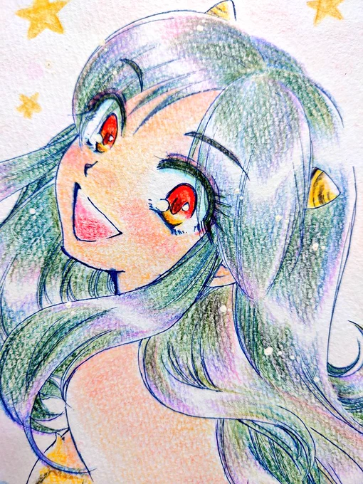 こだわりポイント その2目だけで6色くらい使ってる。髪も同じくらい使ってるかなぁラムちゃんの目の色可愛いよね〜好き#うる星やつら#ファンアート 