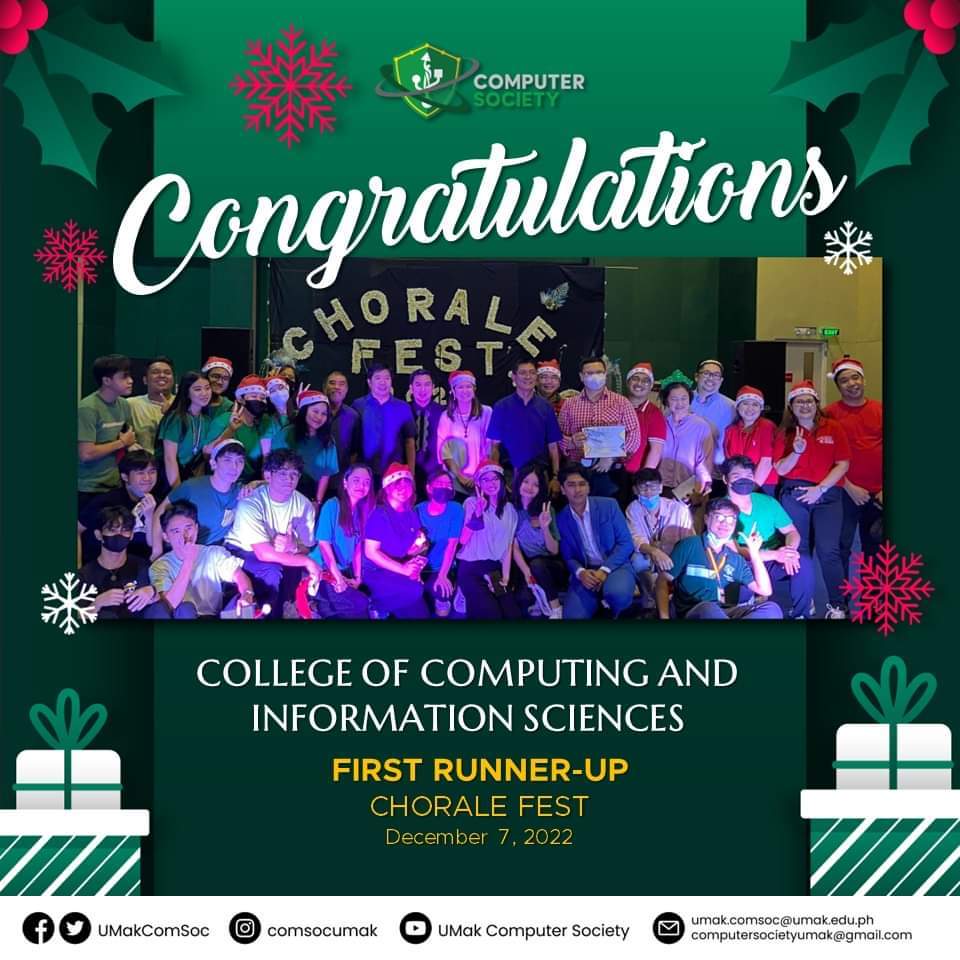 UMakComSoc's tweet photo. That’s the CCIS rock! 🔔

We would like to congratulate the CCIS Representatives for rocking Chorale Fest 2022 on December 7 and winning the First Runner Up prize.

We are overjoyed to celebrate with you and are incredibly proud of everyone's efforts. Happy holidays everyone! https://t.co/CE35zM88ED