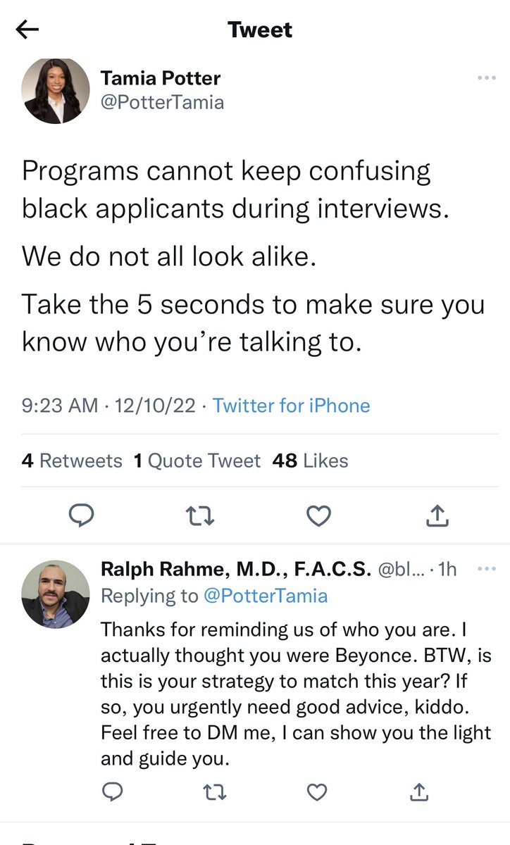 Tom Diamond II, MD (@dr_diamond904) on Twitter photo #MedTwitter it’s so disheartening seeing someone in Medicine openly disregard and completely degrade a woman of color. Im sorry you had to experience this <a href="/PotterTamia/">Tamia Potter</a> and then when you vocalized it, to be bullied and demeaned for speaking out is completely unacceptable #MedTwitter it’s so disheartening seeing someone in Medicine openly disregard and completely degrade a woman of color. Im sorry you had to experience this <a href="/PotterTamia/">Tamia Potter</a> and then when you vocalized it, to be bullied and demeaned for speaking out is completely unacceptable