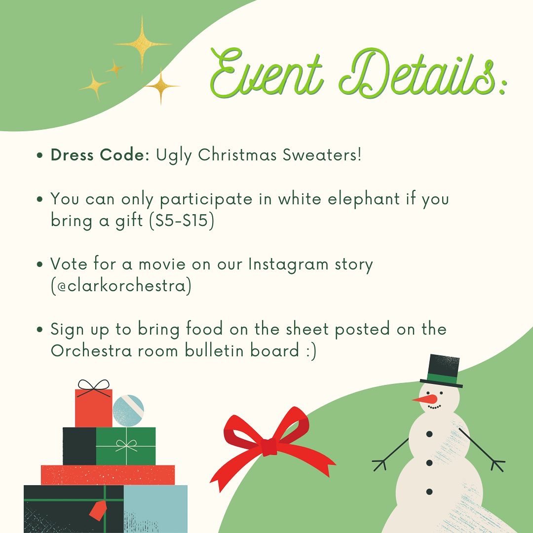 Get excited! Our annual Holiday Party will take place during the exam period for each of our orchestras. Bring a present for a game of white elephant and check out more details in the infographic! ☃️

#clarktexas #NISDLegends #orchestra #clarkcougars <a href="/NISDClark/">Tom C. Clark HS</a>