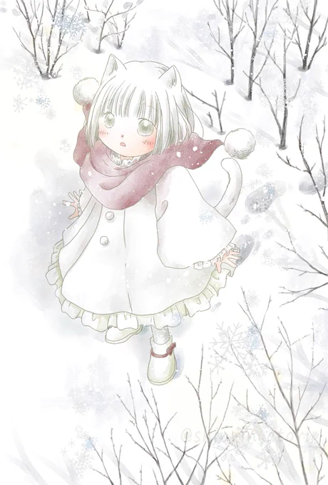 白猫さんと雪の木立#白猫さん 一面の銀色の。 