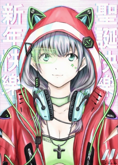 もうすぐクリスマスなので、サイバーパンクなクリスマスのイラストを描いてみましたBoji Christmas Exhibitionにて展示致します。 #イラスト  #クリスマス  #サイバーパンク 