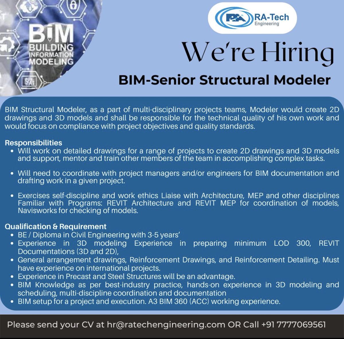 We are hiring. Please email your resume to hr@ratechengineering.com or call us at +91 7777069561. Visit our website lnkd.in/dgDkQvhT to know more