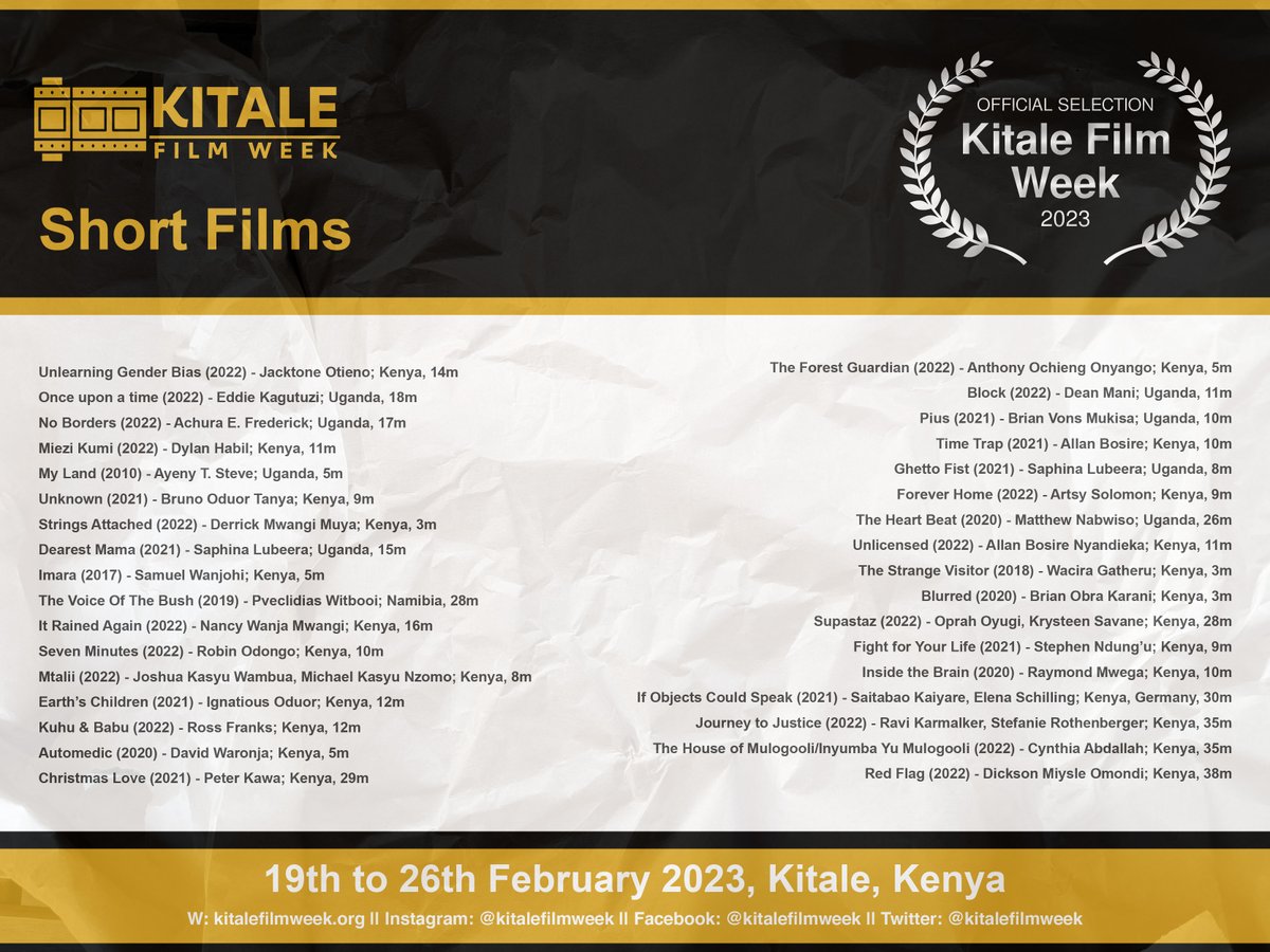 kitalefilmweek's tweet photo. Official selection for short films, Kitale Film Week 2023
https://t.co/YMyHvzX56y https://t.co/2SQgGakqoO