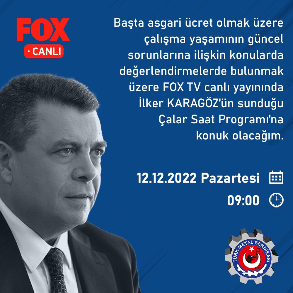 Yarın sabah (12.12.2022 Pazartesi günü) saat 09.00’da Fox Tv’de İlker Karagöz’ün sunduğu Çalar Saat programında başta asgari ücret olmak üzere çalışma yaşamının güncel sorunlarına değineceğim. 
@Karagozilker
#ÇalarSaat