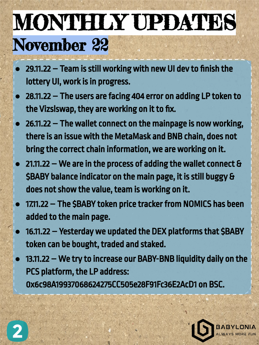 AlpineConsent's tweet photo. We publish our monthly and weekly updates, talk about platform news and on how we spend our time & money.
This is what happened in November 2022 👇
#babylonia #gaming #lottery #betting #defi #NFT #NFTPASSCARD #Polygon #BNB #BSC #Fantom #alwaysmorefun $BABY token https://t.co/TnIO7sTYgI