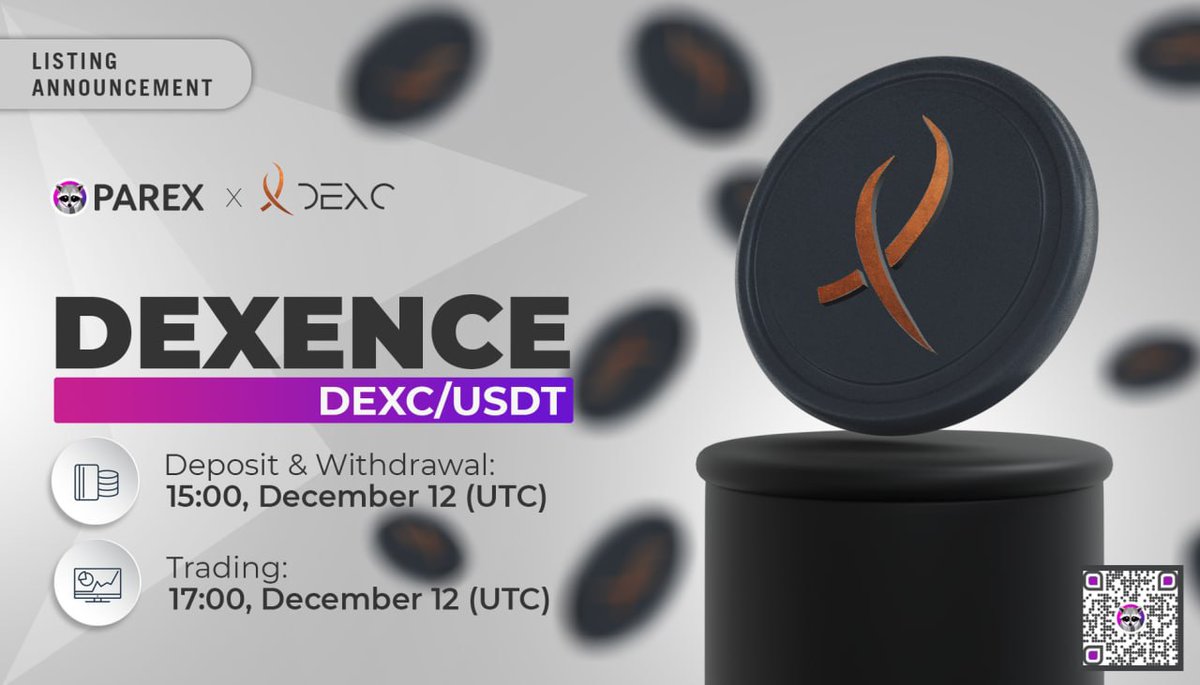 📢 New Listing

$DEXC
<a href="/dexenceDEXC/">Dexence | DEXC</a>

gets listed on #ParexMarket!

🔹Pairs: DEXC/USDT
🔹Deposit: 15:00, DEC 12 (UTC) (network: PEP2)
🔹Trading: 17:00, DEC 12 (UTC)

#P2P #DEXC #PEP2 #DEX #DEXENCE