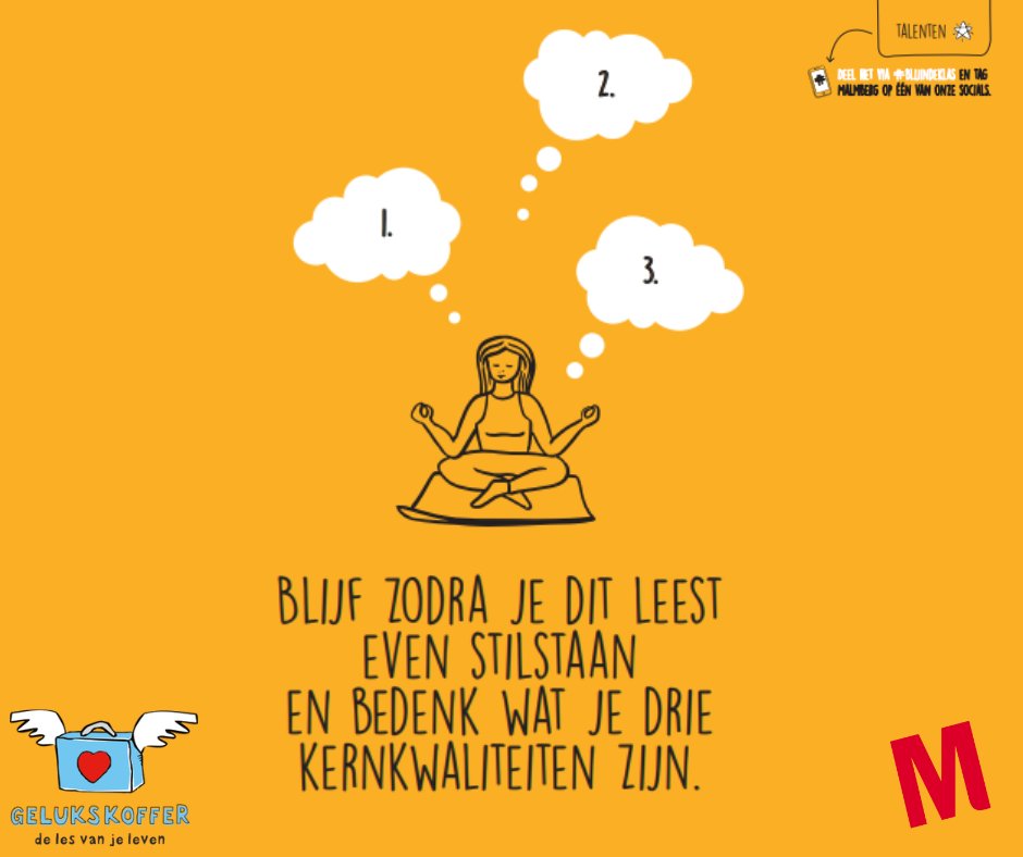 Van Malmberg voor jou: je wekelijkse portie positiviteit en deel je reactie met #blijindeklas!
Download en gebruik ze nog een keer: bit.ly/3Wz3oDy

#gelukskoffer