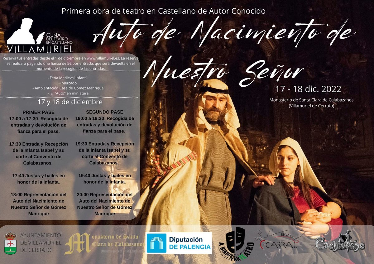 Ya podeis reservas las entradas para este evento único: Representación del primer texto de teatro escrito en  castellano autor conocido. Auto del Nacimiento de Nuestro Señor en el Monasterio de Calabazanos. Sábado 17 y Domingo 18. No os lo podéis perder.