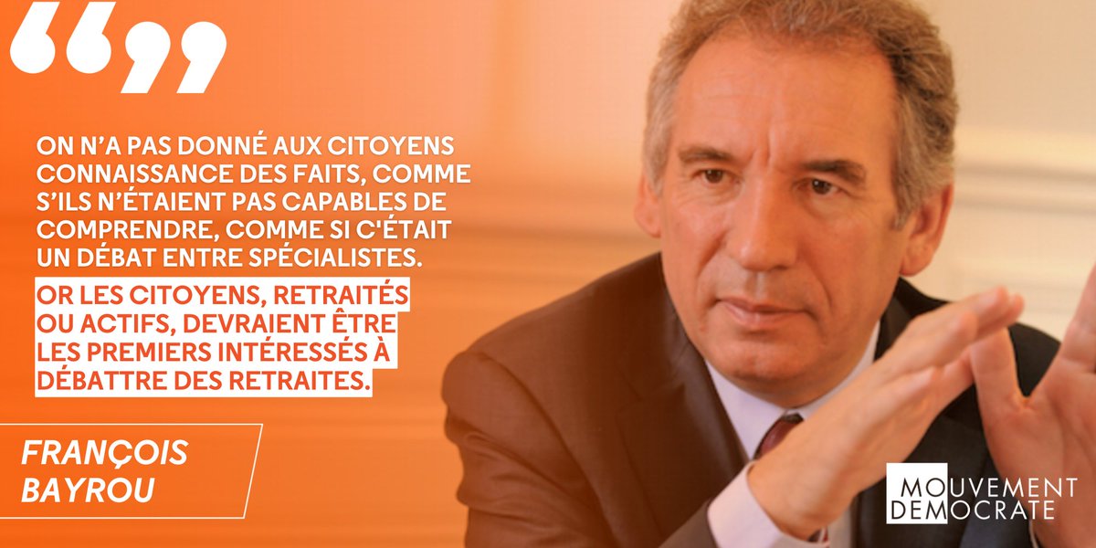 🟠 #Retraite | Plus de pédagogie ! 💬 “Depuis des décennies, les Français n’ont jamais été suffisamment informés, comme s’ils n’étaient pas capables de comprendre. Or ce sont les premiers intéressés aux retraites.” 📰 François @Bayrou dans @leJDD 👉 bit.ly/3BqcpG2