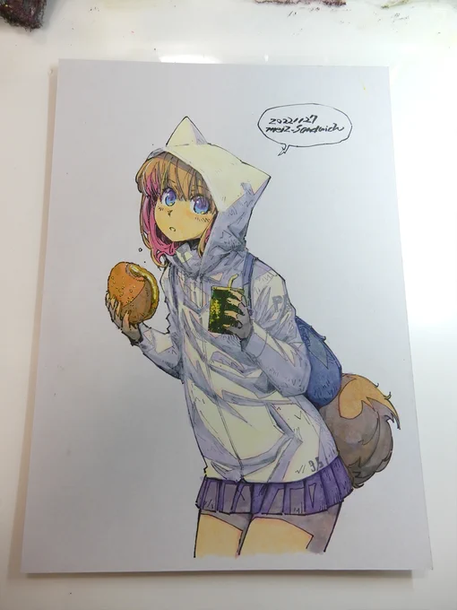 【アナログ1876:白いパーカーのさきえさん】線画を描いたのは病院かと思ってたけど、コミティアでした。#水彩 #狐娘 #原画 #アナログ絵 