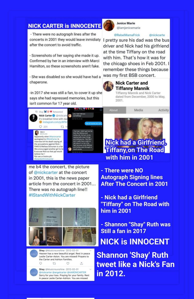 HoukeyBoy20's tweet photo. @AnOpenSecret That is #FakeNews!!!!!
#NickCARTERisINNOCENT.
#IStandwithNickCarter

- There were NO Autograph Signing lines After The Concert in 2001 

- Nick had a Girlfriend "Tiffany" on The Road with him in 2001

- Shannon "Shay" Ruth was Still a fan in 2017 https://t.co/KO2ePyXrc3