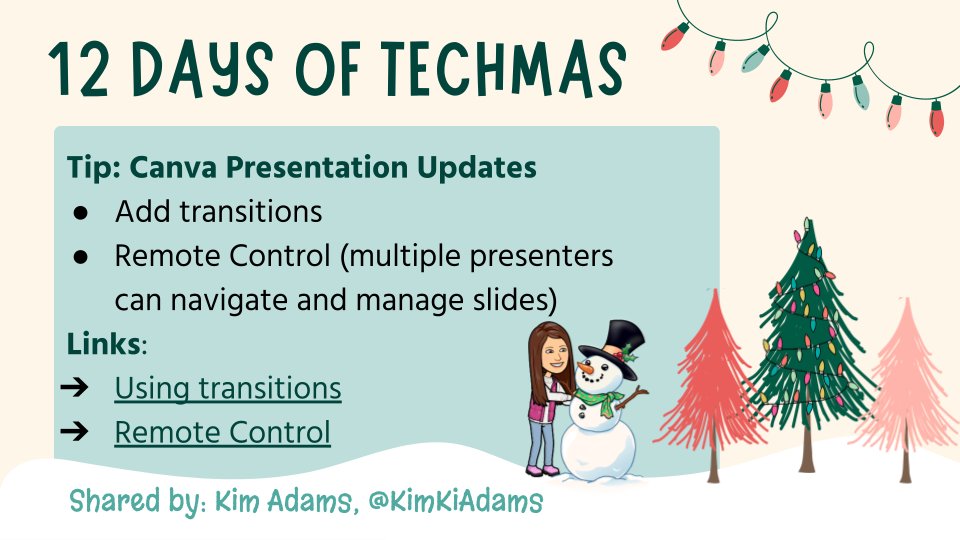 Day 2: 
Tip: <a href="/canva/">Canva</a> Presentation Updates 
Inspired by:  Kim Adams, <a href="/KimKiAdams/">Kimberly Adams</a>

<a href="/AshleyHalkum/">Ashley Halkum</a> <a href="/MeganFerne/">Megan Ferne</a> <a href="/mrshowell24/">Stephanie Howell</a> #goldeduchat

Replay- bit.ly/3VfRWvu