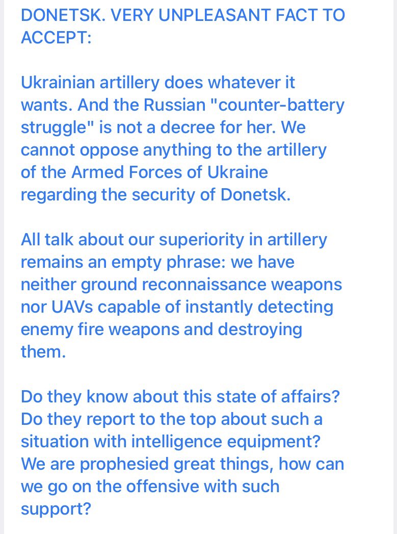 jacopo_iacoboni's tweet photo. I messaggi sul canale Grey Zone (il più legato al Gruppo Wagner) descrivono la vera situazione sul campo a Donetsk:
“L'artiglieria ucraina fa quello che vuole … Non possiamo opporre nulla…
Tutti i discorsi sulla nostra superiorità nell'artiglieria rimangono frase vuota (…)” https://t.co/fKtPgJuBcu