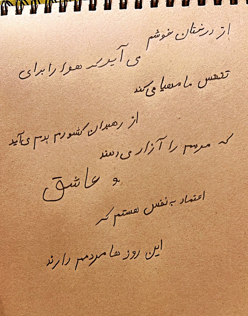 ۲۰ #آذر ۱۴۰۱ 🍂🍁
دست نوشته دخترم کلاس ششم . از درختان خوشم می‌آید که هوا را برای تنفس ما مهیا می‌کند ، از رهبران کشورم بدم می‌آید که مردمم را آزار می‌دهند و #عاشق اعتماد به نفس هستم که اینروزها #مردمم دارند .#برای_آزادی #WomanLifeFreedom #اعدام_را_متوقف_کنید
