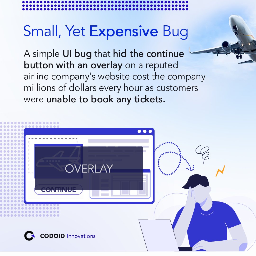 codoid's tweet image. Small, Yet Expensive Bug

A simple UI bug that hid the continue button with an overlay on a reputed airline company&apos;s website cost the company millions of dollars.

It&apos;s Always Best to Test

#codoid #besttotest #softwarebugs #airlinecompany #websitebugs
