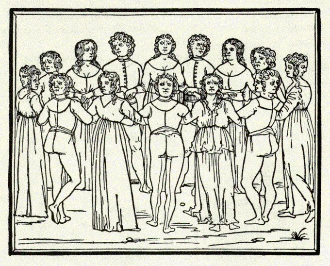 喜びと悲しみの二つの顔を持った者たち。男性は男性と、女性は女性と手を繋ぎ、同一の場に二重の円が作られる輪舞。循環する時間のメタファー。
「時の舞踏」フランチェスコ・コロンナ『狂恋夢』(1499年)のなかの挿絵。 