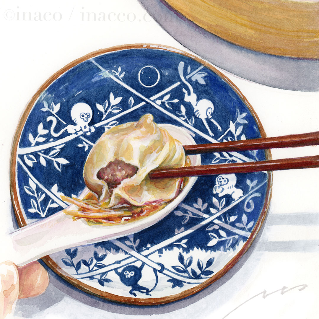 小籠包。じゅわっ 猿の小皿はいなこさらです😊 2016の干支皿で、皿の