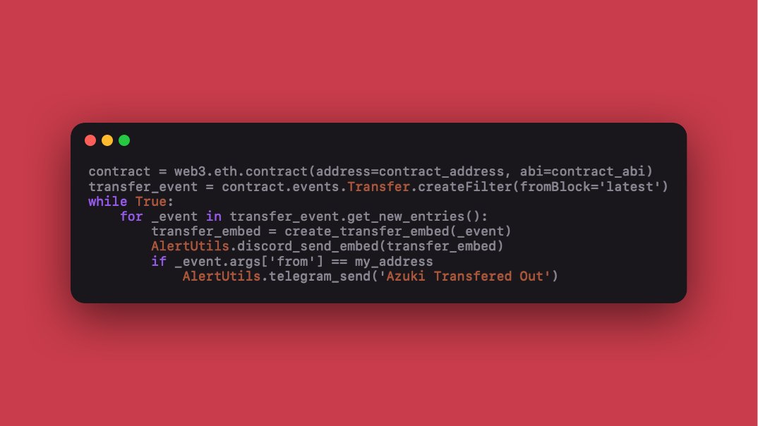 A real-time event listener that gives discord and telegram notifications for <a href="/AzukiOfficial/">Azuki</a> transactions directly from on-chain data

- create a private blur feed on mobile 
- supports transactions of all nft exchange/ swap/ lending

here’s how it works 🧵
