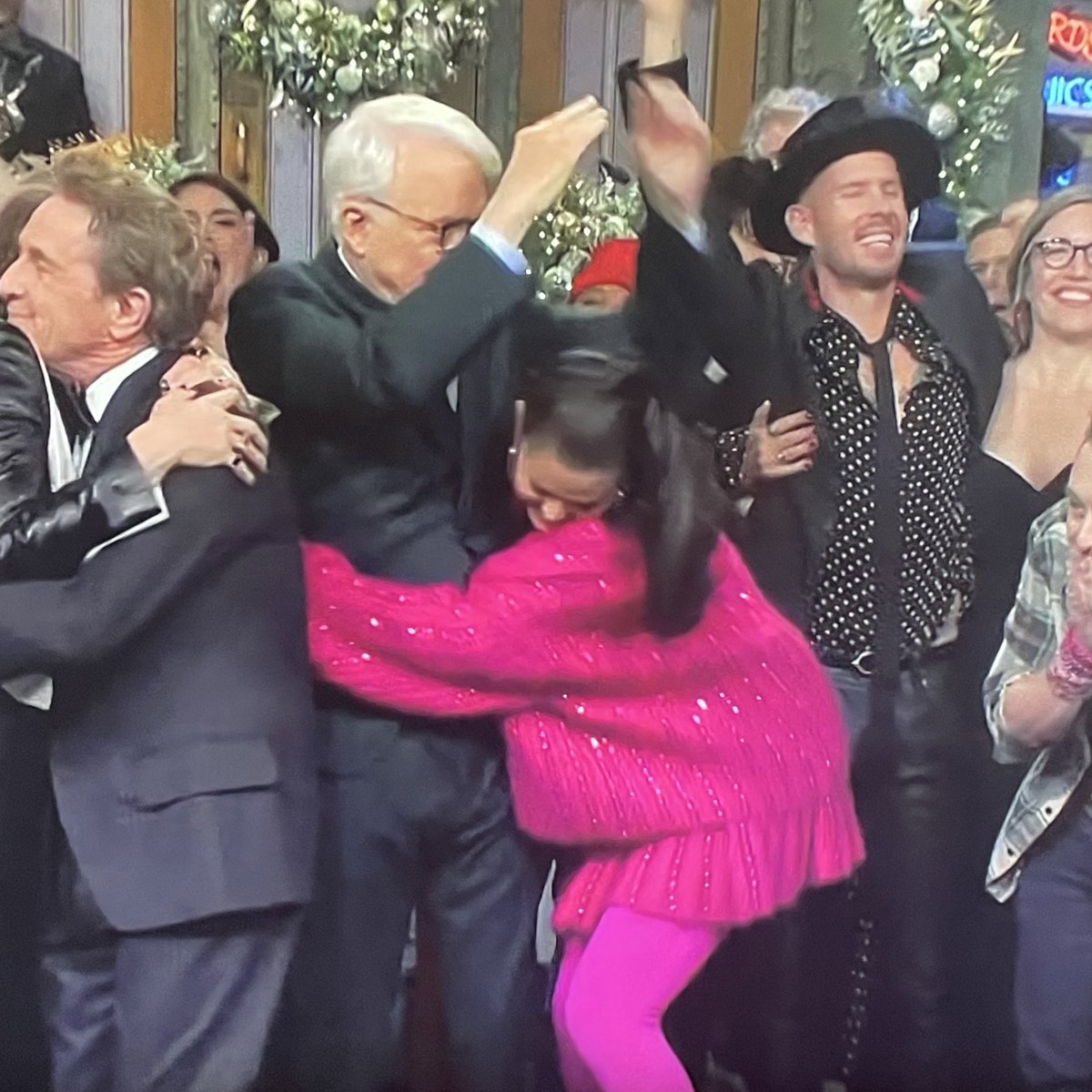 Selena Gomez hugging Steve Martin and Martin Short SNL snl Selena