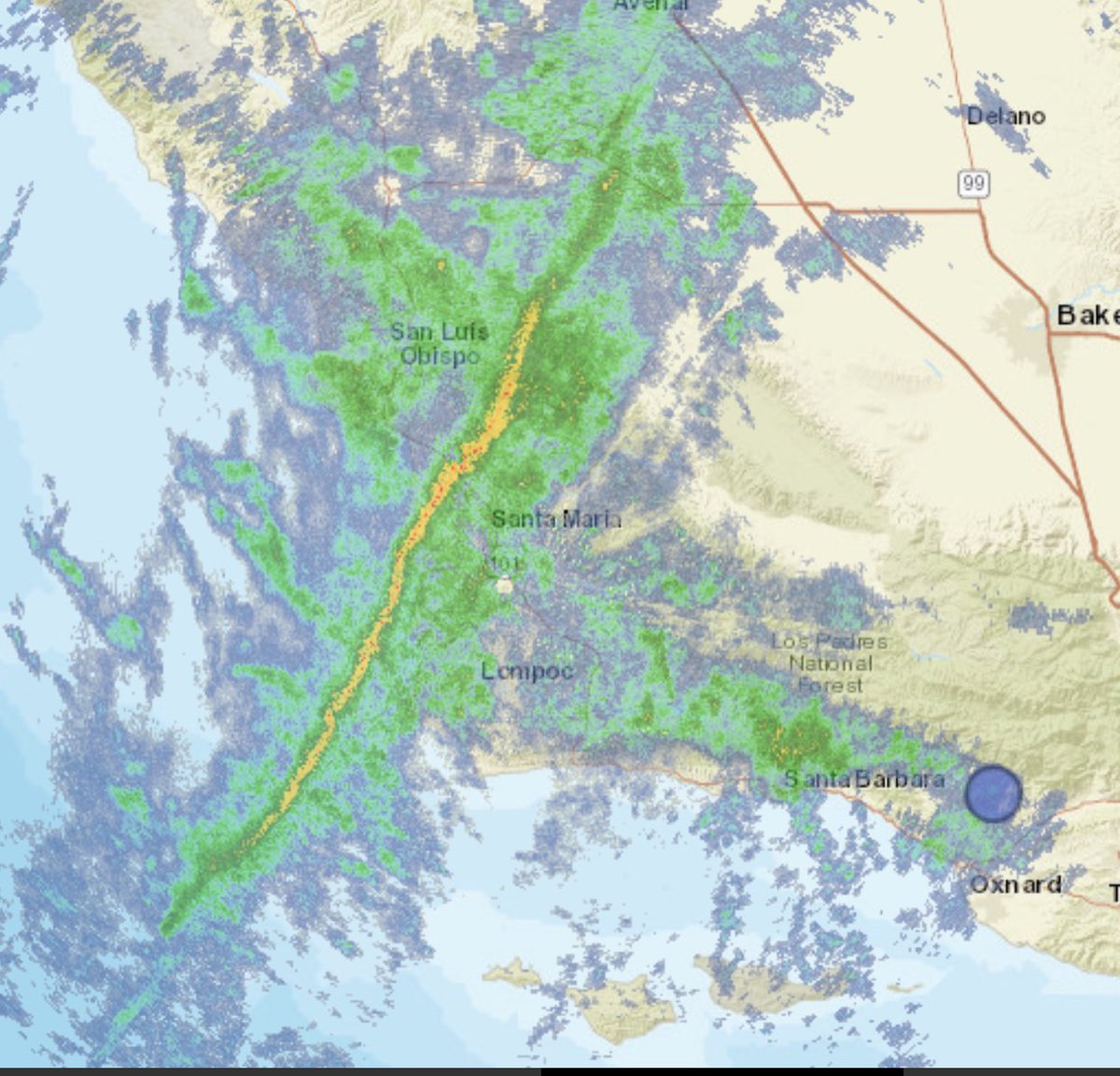 The frontal band of rain which has the most amount of rainfall associated with it is sitting right on top of SLO/SB counties causing flood advisories for both counties.