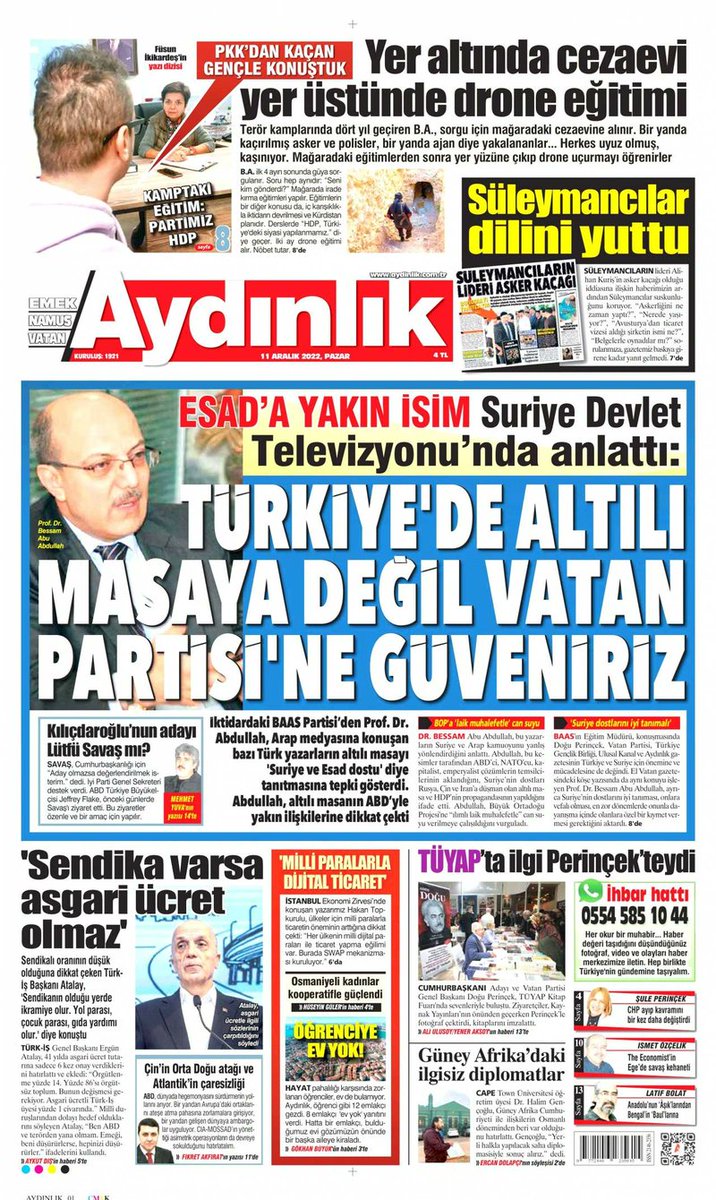 📌 Esad'a yakın isim Suriye Devlet Televizyonu'nda anlattı:
TÜRKİYE'DE ALTILI MASAYA DEĞIL VATAN PARTISI'NE GÜVENİRİZ 

<a href="/AydinlikGazete/">Aydınlık</a> | 11 Aralık | #pazar