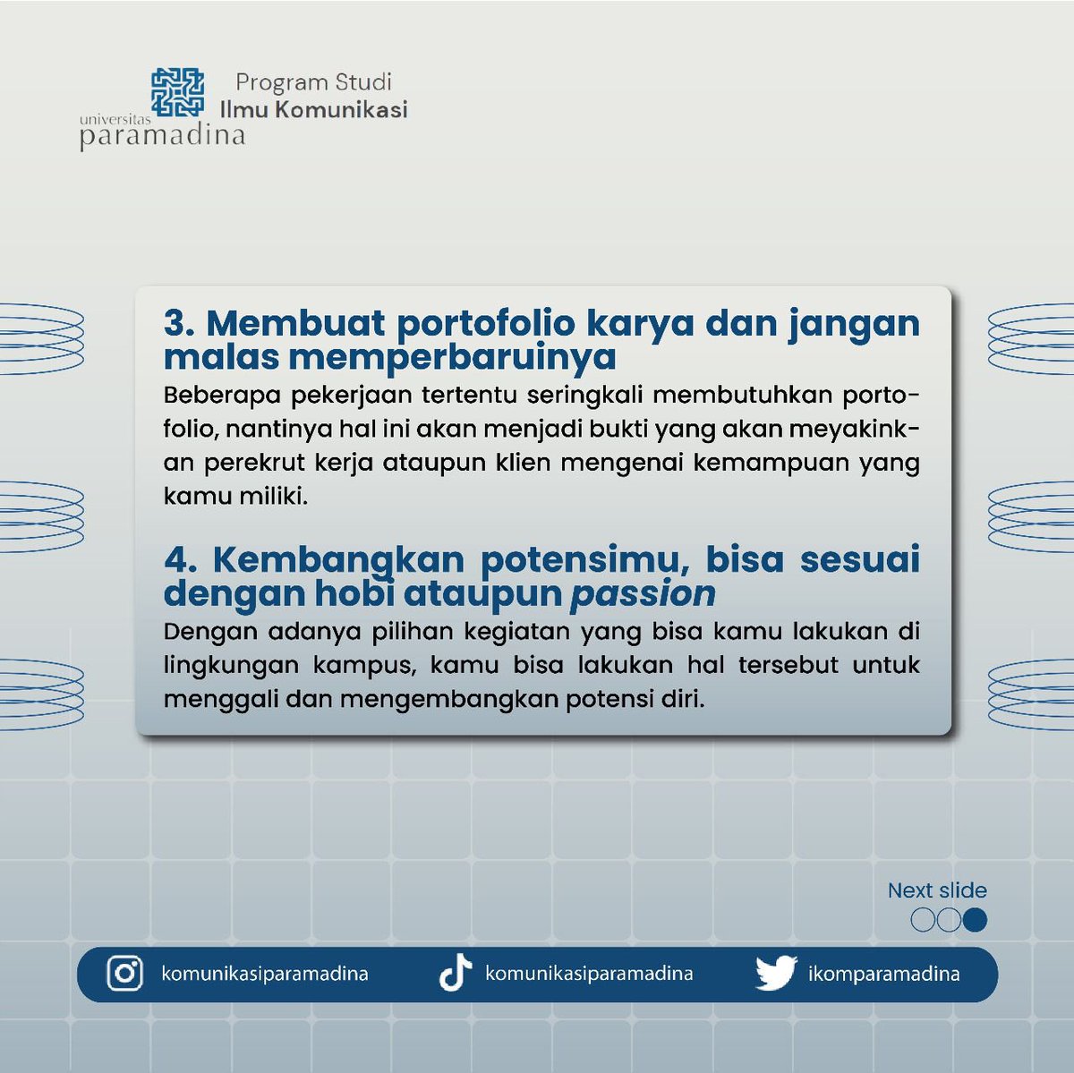 ikomparamadina's tweet photo. Halo Teman Mahasiswa! Kali ini Minkom share beberapa tips yang bisa kamu lakukan mulai sekarang, jangan lupa disimak ya!

#tipskerja #mahasiswailkom #ilmukomunikasi #paramadina https://t.co/oRymrQGLmg