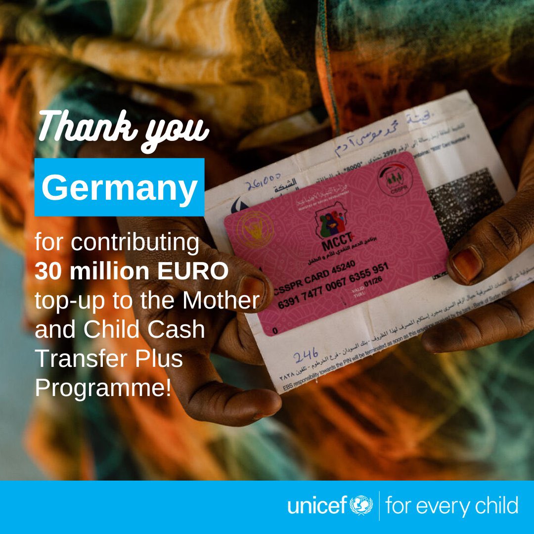 UNICEFSudan's tweet photo. Thank you @BMZ_Bund, @KfW_FZ_int, @GermanyinSudan for the EURO 30 million top-up to the Mother & Child Cash Transfer Plus (#MCCTplus) programme.
Your support will allow #UNICEF to deliver cash, critical services & information to 180,000 pregnant women, their children & families https://t.co/UUuhAgfn5X