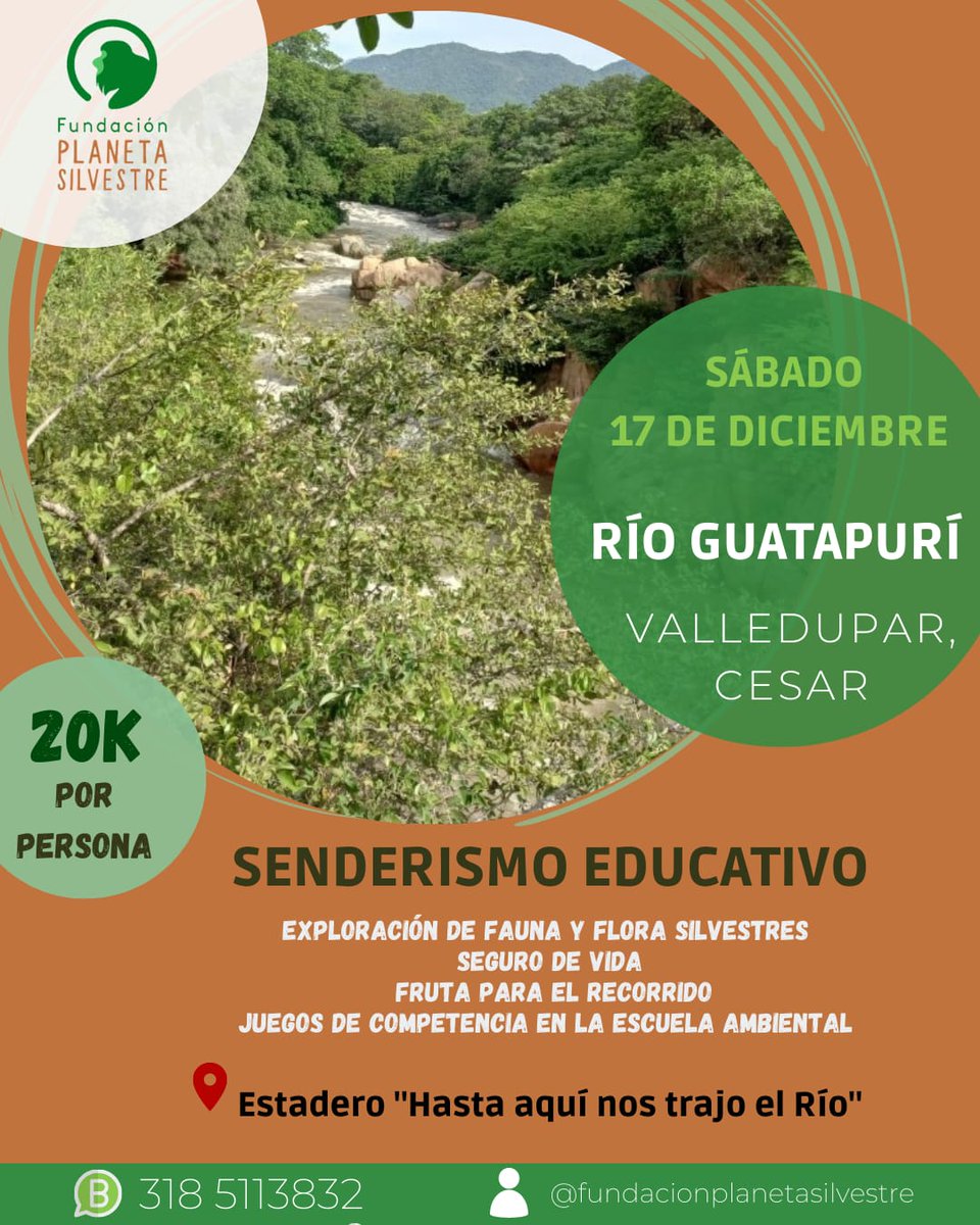 CaritoVN75's tweet photo. Te invitamos a vivir una nueva aventura de bienvenida de vacaciones en un senderísmo educativo y explorativo identificando las riquezas en flora y fauna de nuestro territorio a orillas del río Guatapurí. Aparta tu cupo llamando al 318 5113832. https://t.co/mF2qYwJOdt
