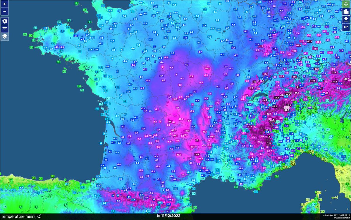 Nuit très froide avec -10/-11°C à Rodez ou au Puy, parfois jusqu'à -15°C dans les secteurs les plus froids du Massif-Central ou Jura, bien moins dans les Alpes.
A noter -6.1°C à #Toulouse, température la plus froide depuis 5 ans et souvent de fortes gelées sur 50% du pays. 