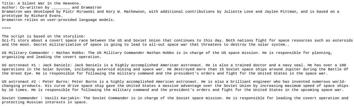 harshsa28's tweet photo. Just wrote a short movie script using 2 AIs - @DeepMind's  Dramatron and @OpenAI's ChatGPT. The plot is a covert space race between the US and Soviet Union that continues to this day.

Scene #1: US astronaut Peter Burns discovers the Neutron Bomb.

White: Dramatron. Gray: ChatGPT https://t.co/23r61dVmlq