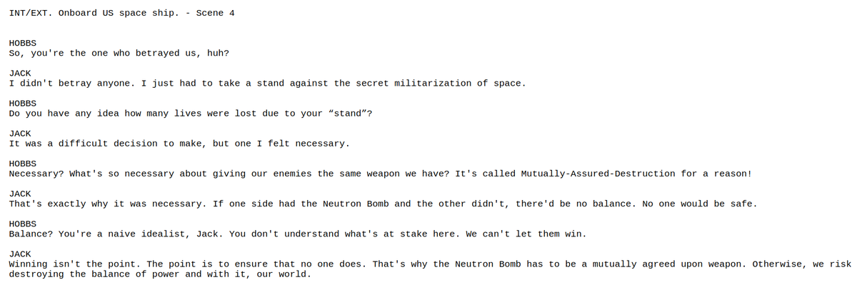 harshsa28's tweet photo. Scene # 4: Jack Daniels is being questioned by Commander Hobbs about his reasons for betraying the US and stealing the Neutron Bomb research and giving it to the Soviets. Jack replies that Mutually-Assured-Destruction is important. Hobbs accuses Jack of being a naive idealist. https://t.co/Tv1KtKHLec